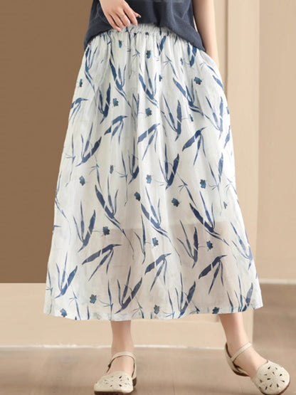 Artsy Summer Flower Ramie A-shape Skirt Co1025