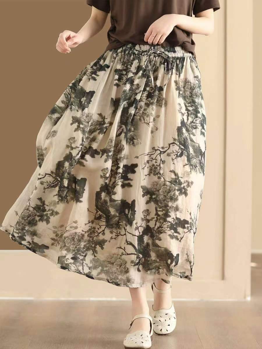 Summer Flower Ramie Loose Skirt Qw1006