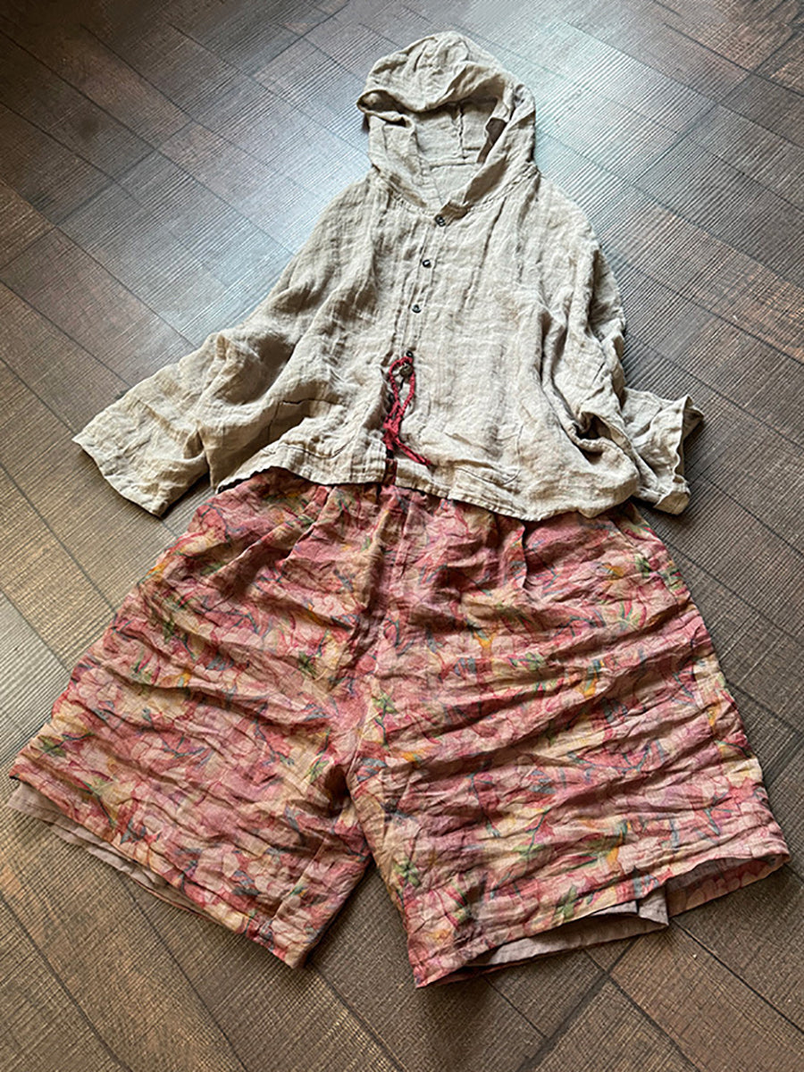 Summer Flower Loose Ramie Shorts Rr1024
