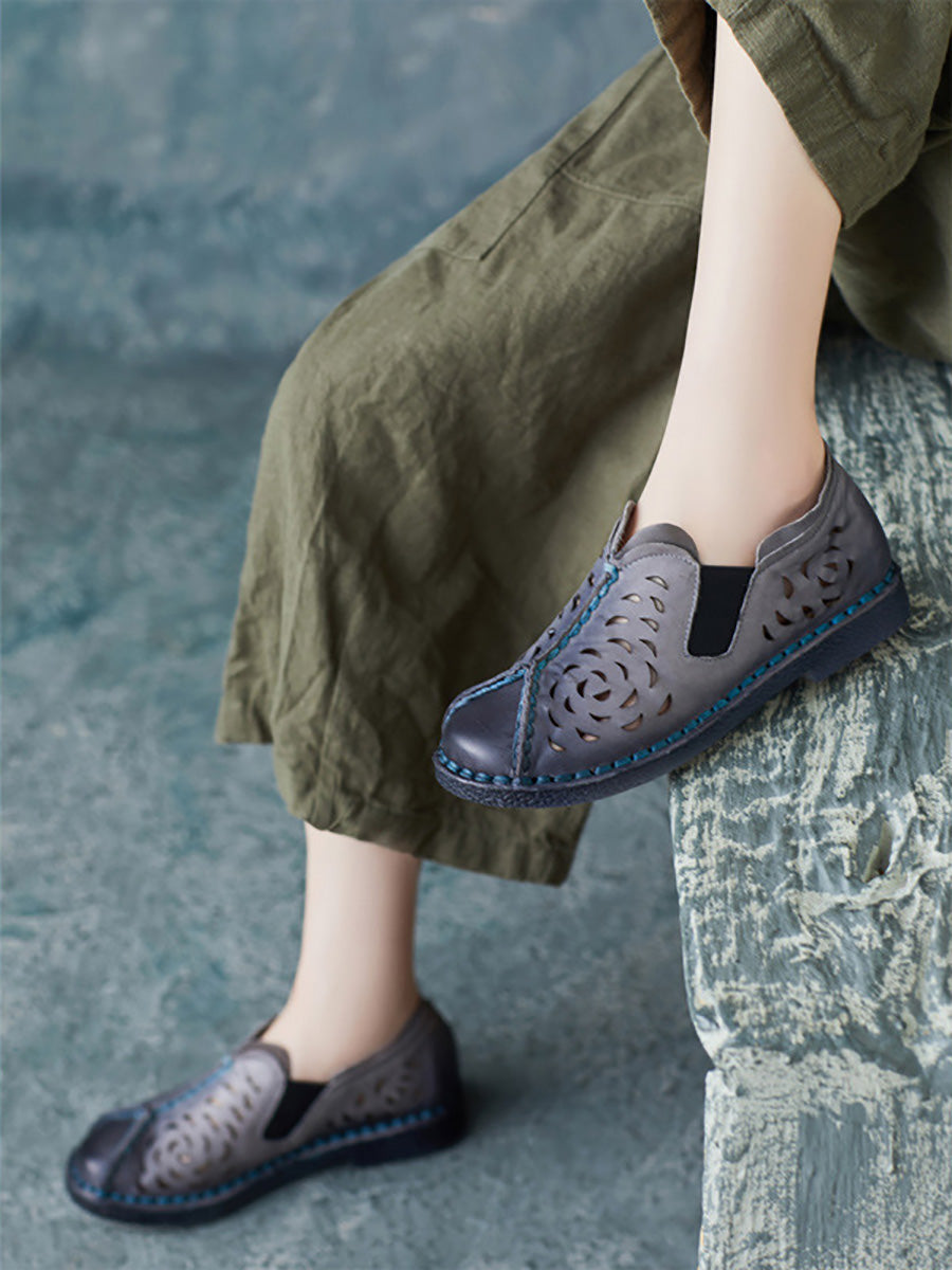 Summer Genuine Leather Cutout Spliced Falt Shoes Ll003