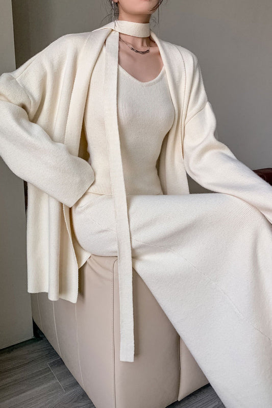 Ribbed High-end Knit Cardigan Tank Wide-leg Pants Three Piece Set