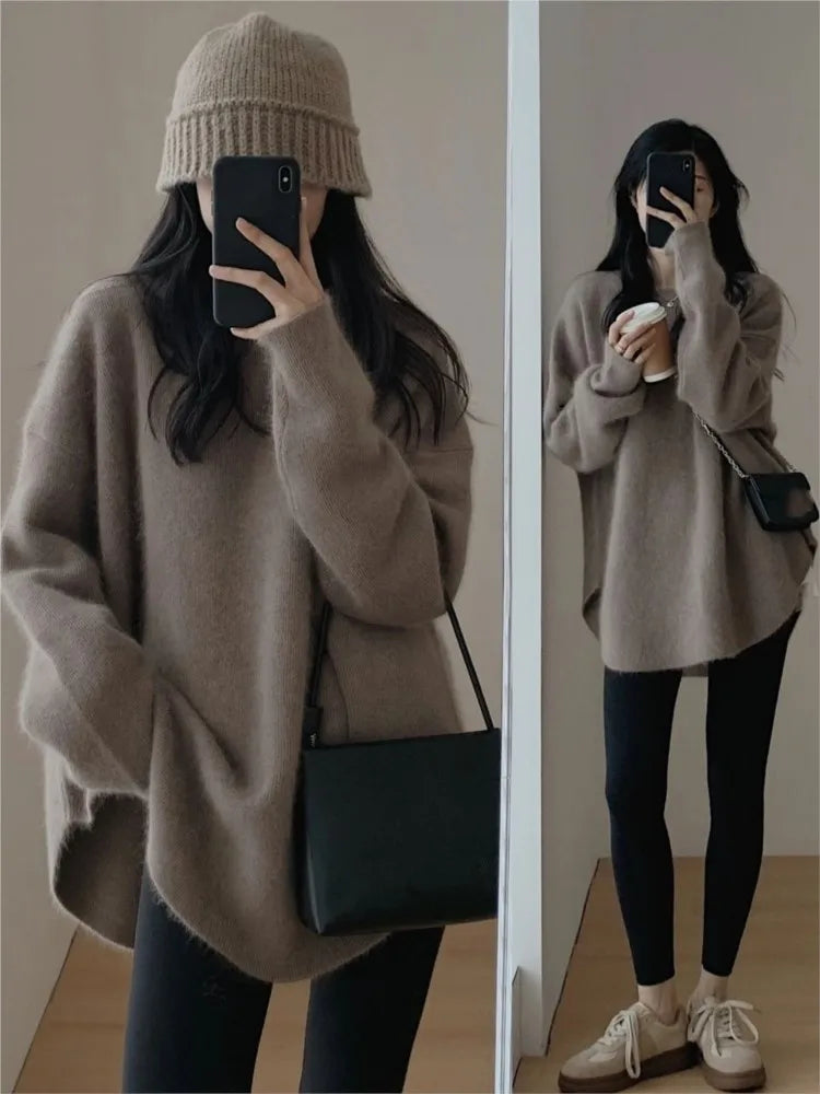 Oversized Knitted Sweater Autumn Winter O-neck Korean Mid Length Loose Pullover Knitwear Top