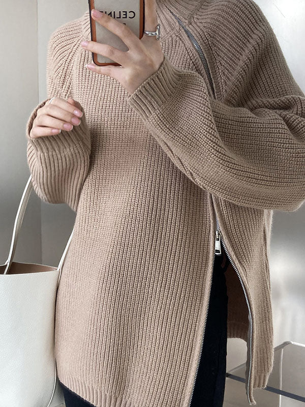 Urban Grey Halter-neck Split-side Zip-up Long Sleeve Sweater An1033