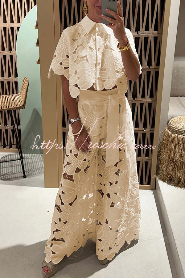 Redefining Elegance Lace Cropped Shirt and Belt Pocketed Wide Leg Pants Set