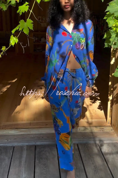 Unique Print Lapel Long Sleeve Loose Shirt and Elastic Waist Pocket Wide Leg Pants Set