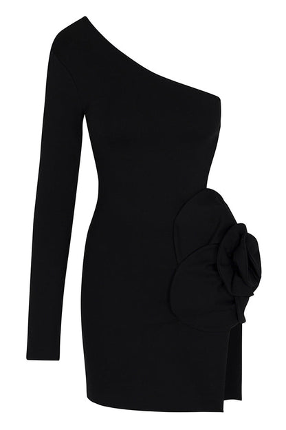 Ella 3d Flower Details Cutout Waist One Shoulder Stretch Mini Dress