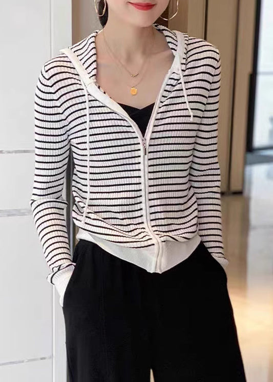 Loose White Zippered Patchwork Striped Wool Knit Hooded Cardigans Fall Qp021