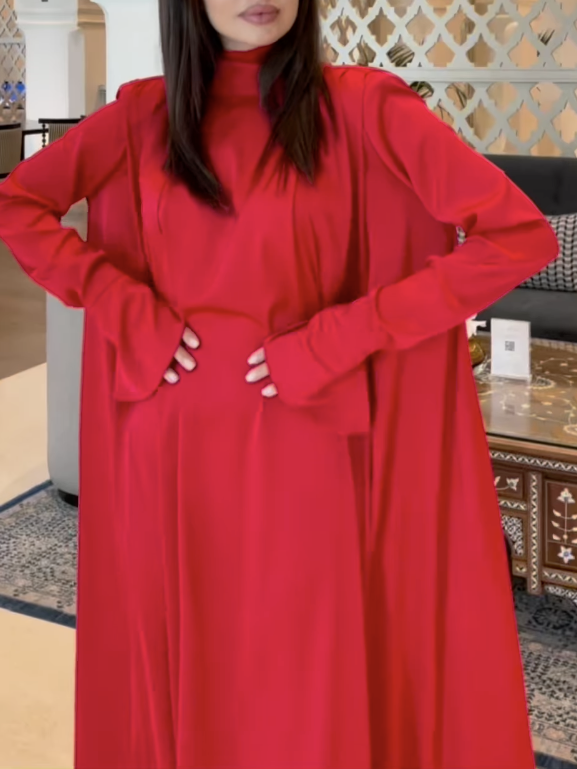 Flared Sleeves Long Sleeves Color High-neck Maxi Dresses