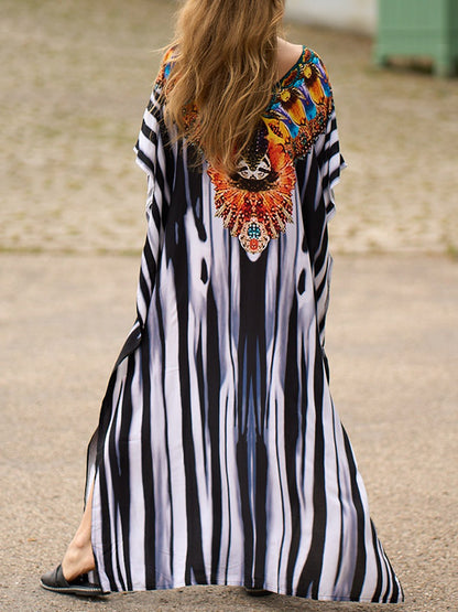 Batwing Sleeves Loose Printed Split-side Striped V-neck Beach Cover-up Maxi Dresses