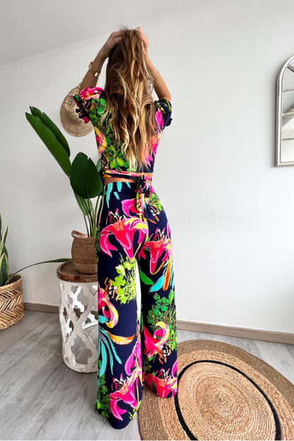 Print V Neck Short Sleeves Crop Top Elastic Waist Wide Leg Pants Set