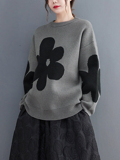 Loose Black Round-neck Contrast Color Flower Long Sleeve Sweater An1070