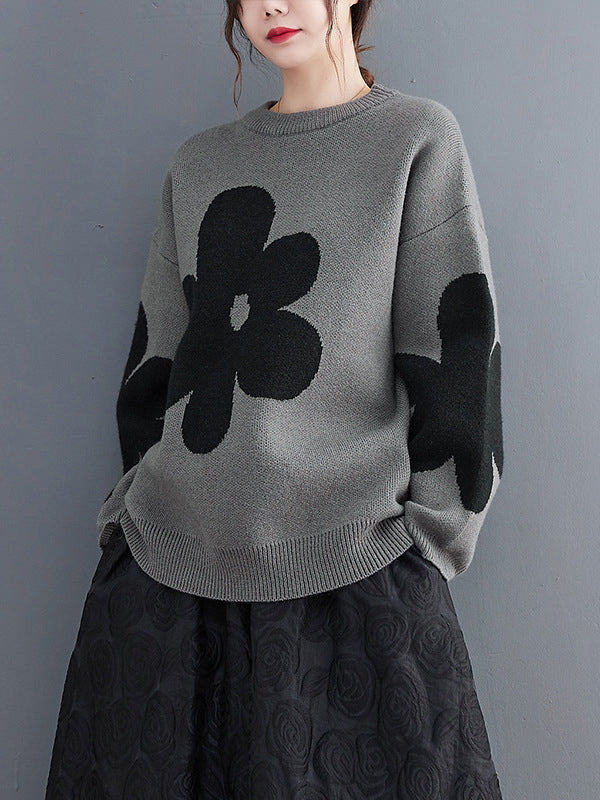 Loose Black Round-neck Contrast Color Flower Long Sleeve Sweater An1070