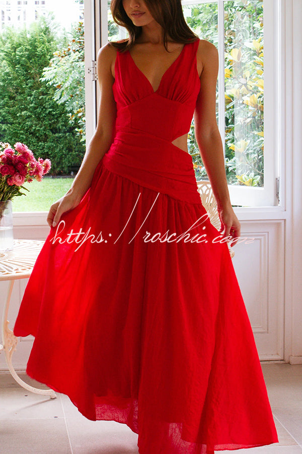 Color V-neck Waist Hollow Slim Maxi Dress