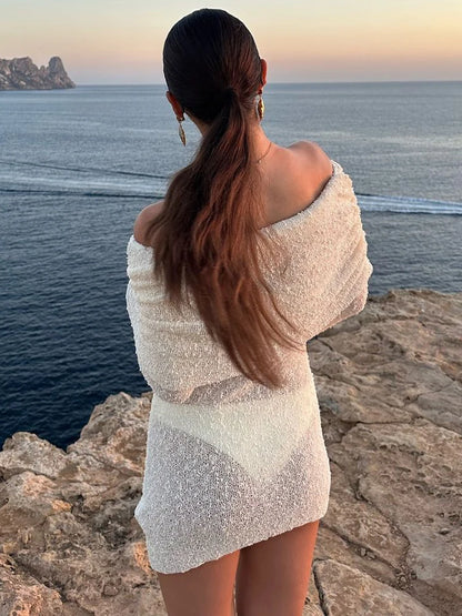 Knitted Hollow Blouse Mini Dress ’s Summer Row Neck Slim Long Sleeve Color Hip Beach Vacation Mini Dress