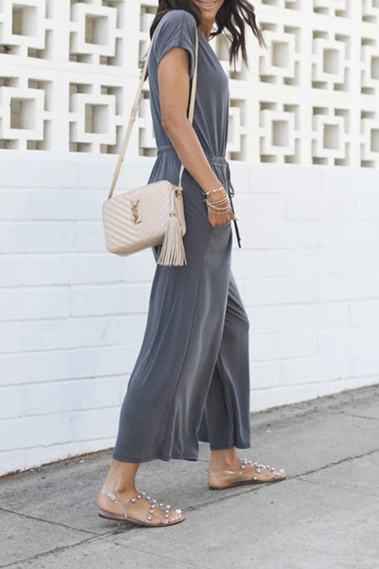 Elastic Waist V Neck Wide Leg Jumpsuit