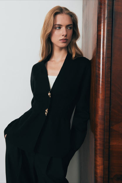 V Neck Long Sleeve Metal Button Split Hem Cardigan