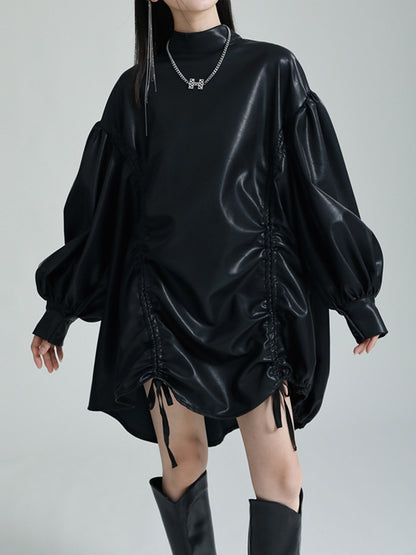 High-low Long Sleeves Drawstring Pleated Color Stand Collar Mini Dresses