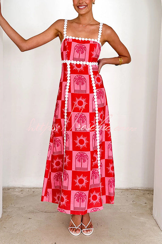 Holiday Style Unique Print Sling Open Back Lace Up Maxi Dress