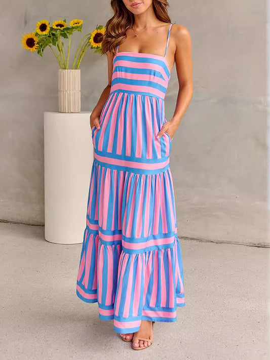 Loose Sleeveless Pleated Split-joint Striped Spaghetti-neck Maxi Dresses