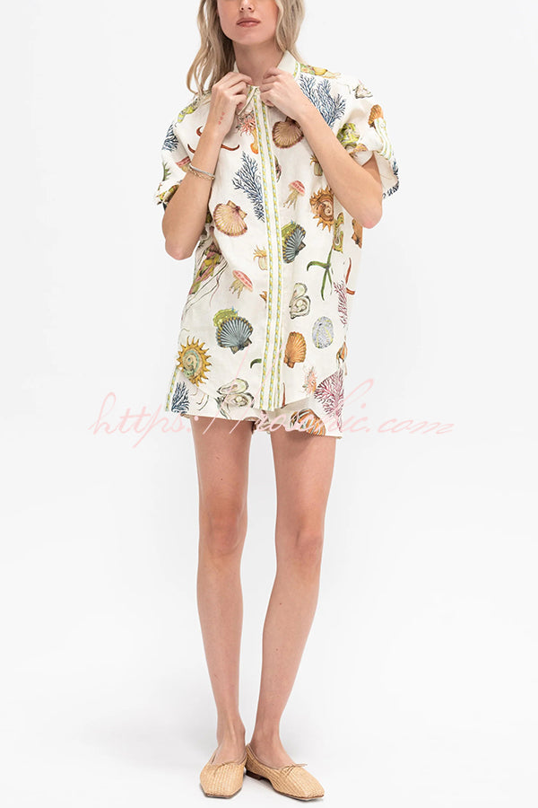 Beach Shell Print Short Sleeve Loose Shirt and Elastic Waist Tie Pocket Shorts Set