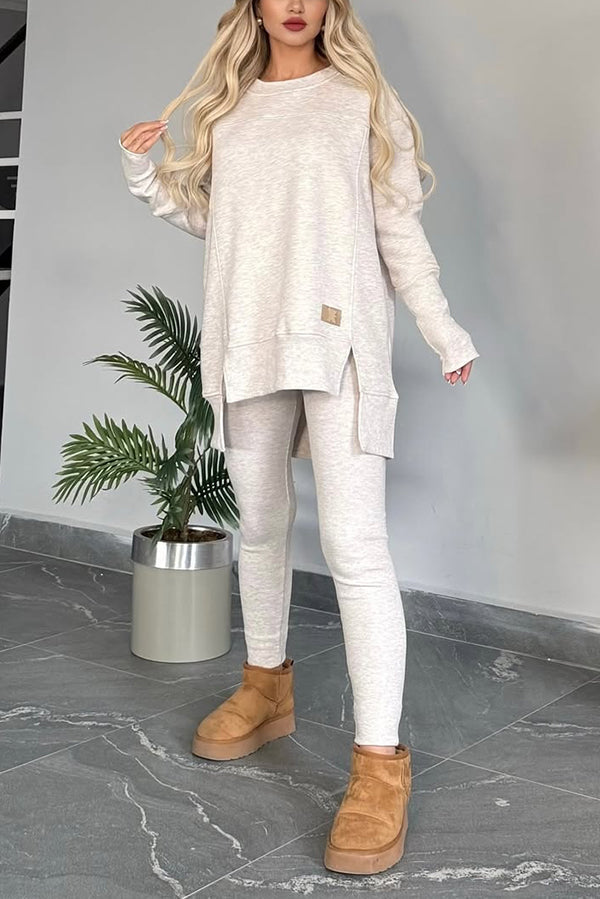 Color Crew Neck Long Sleeve Top and Stretch Pants Set