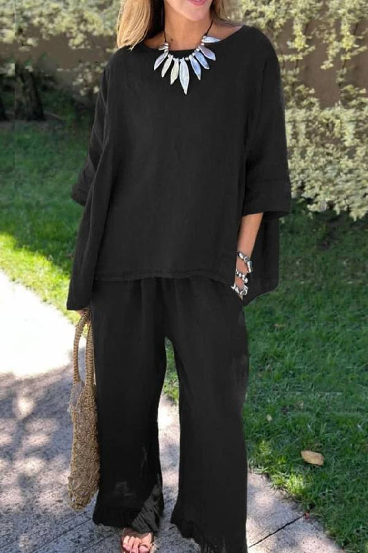 Color Loose Top \u0026 Pants Cotton Linen Two-piece Set