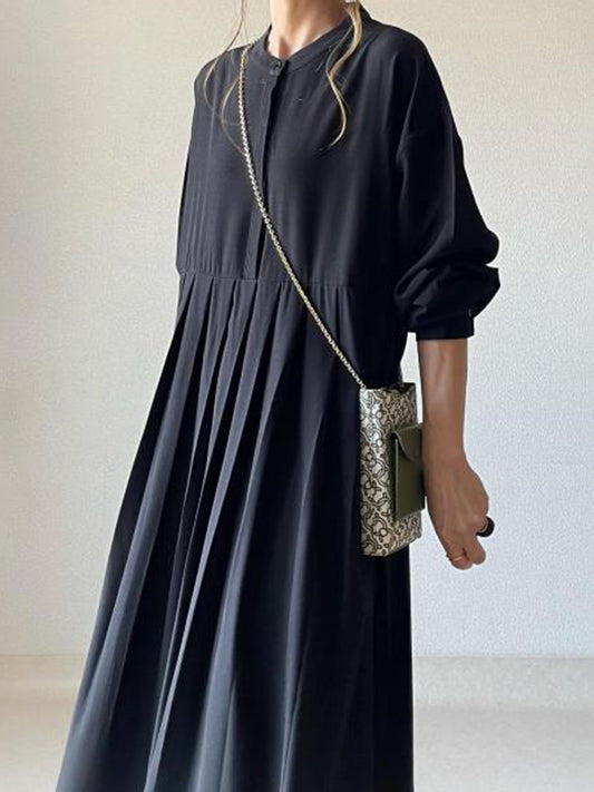 Long Sleeves Loose Pleated Color Split-joint Round-neck Maxi Dresses Shirt Dress