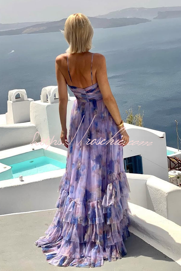 Dreamy Clouds Tulle Printed Rose Detail Cutout Ruffles Tiered Halter Maxi Dress