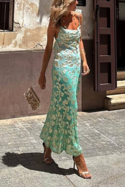 Tie Dye Ombre Gold Print Strappy Maxi Dress