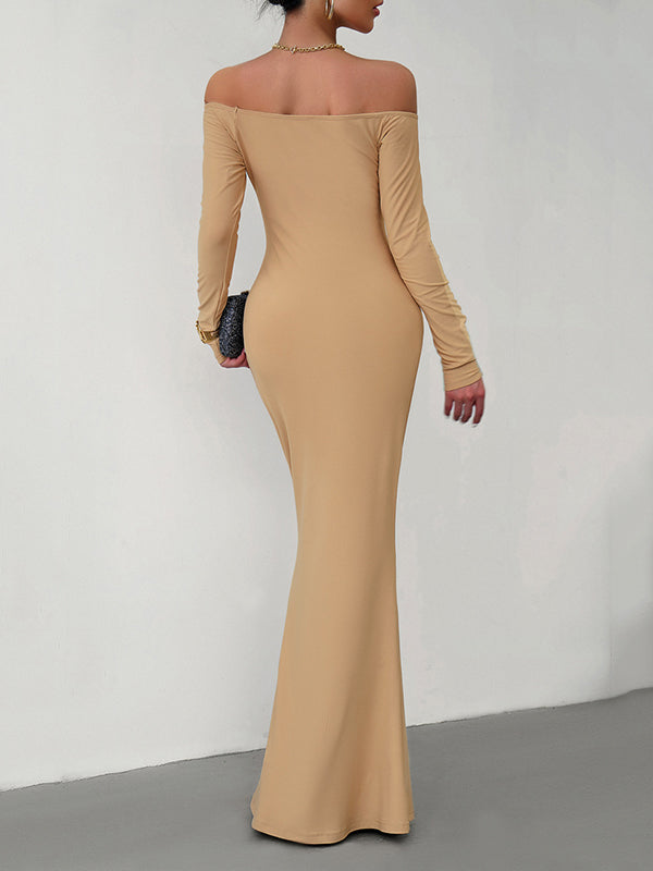 Bodycon Long Sleeves See-through Color Off-the-shoulder Maxi Dresses