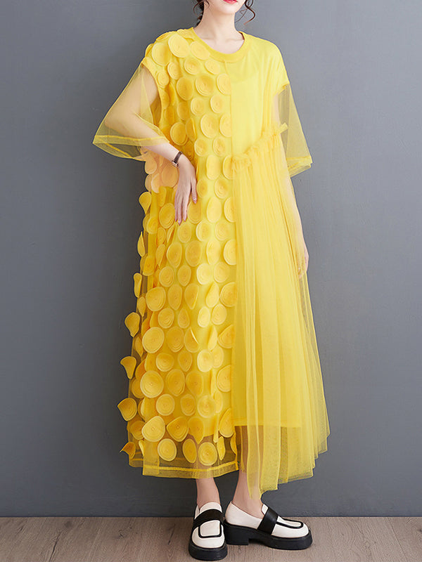 Loose Short Sleeves Asymmetric Gauze Split-joint Round-neck Midi Dresses