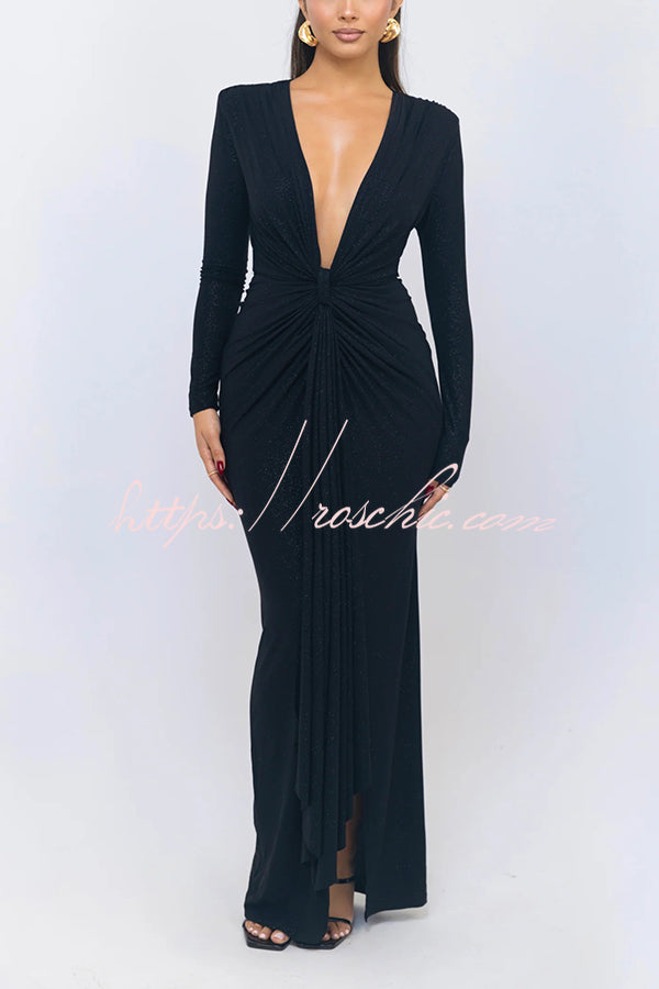 Color Shiny V-neck Long Sleeve Ribbon Slit Slim Fit Maxi Dress