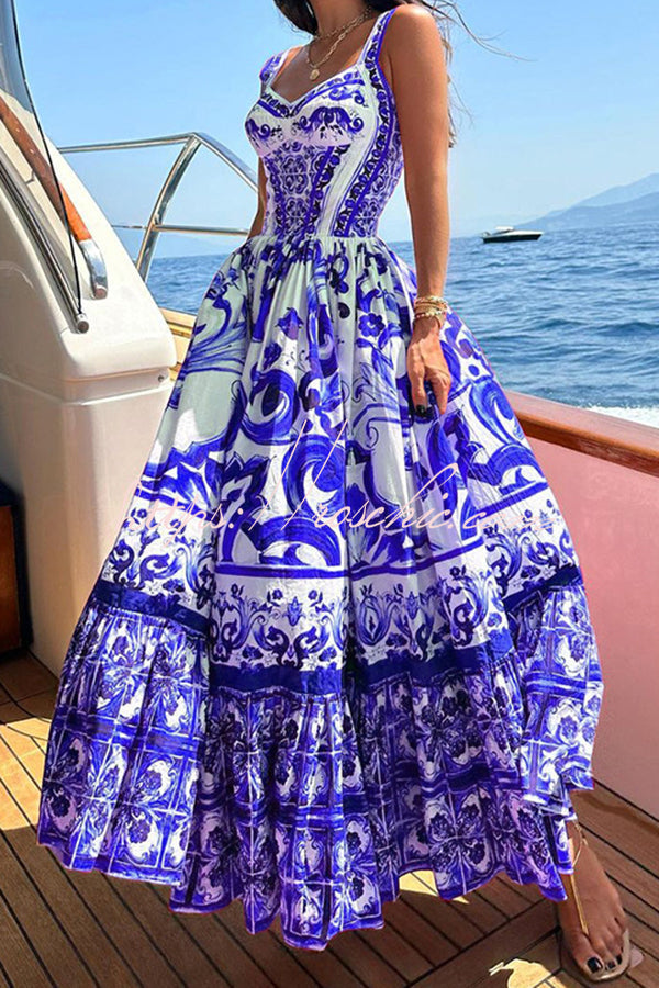 Print Suspender Patchwork Maxi Dress