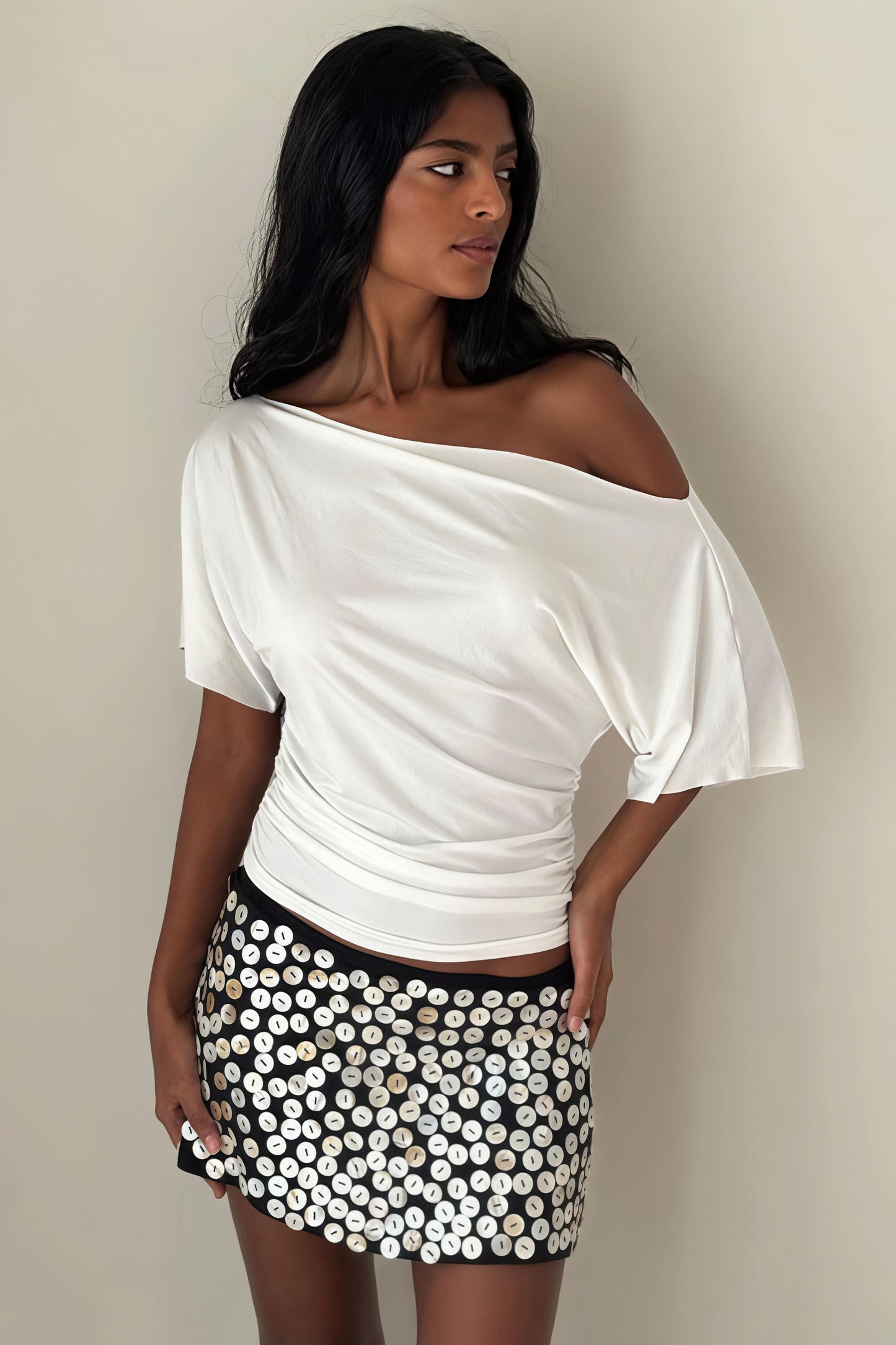 Off Shoulder Shirred Waist T-shirt