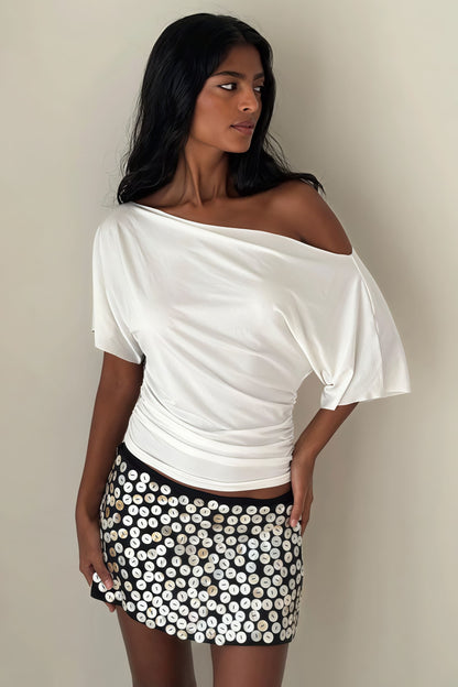Off Shoulder Shirred Waist T-shirt