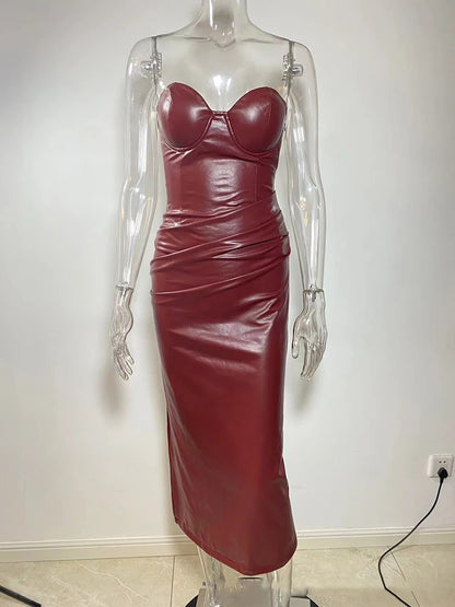 Wine Red Strapless Pu Leather Maxi Dress Off-shoulder Backless Lace-up Bodycon Club Party Long Dress