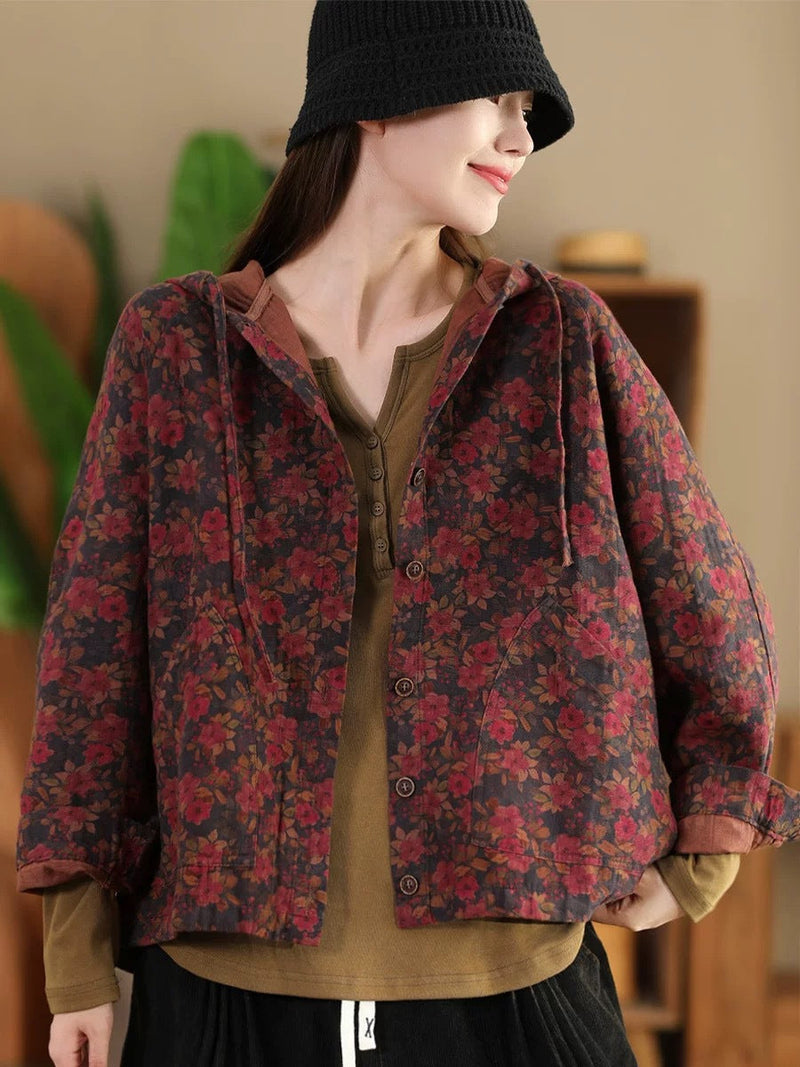 Autumn Flower Button Cotton Linen Hooded Coat Ah1013