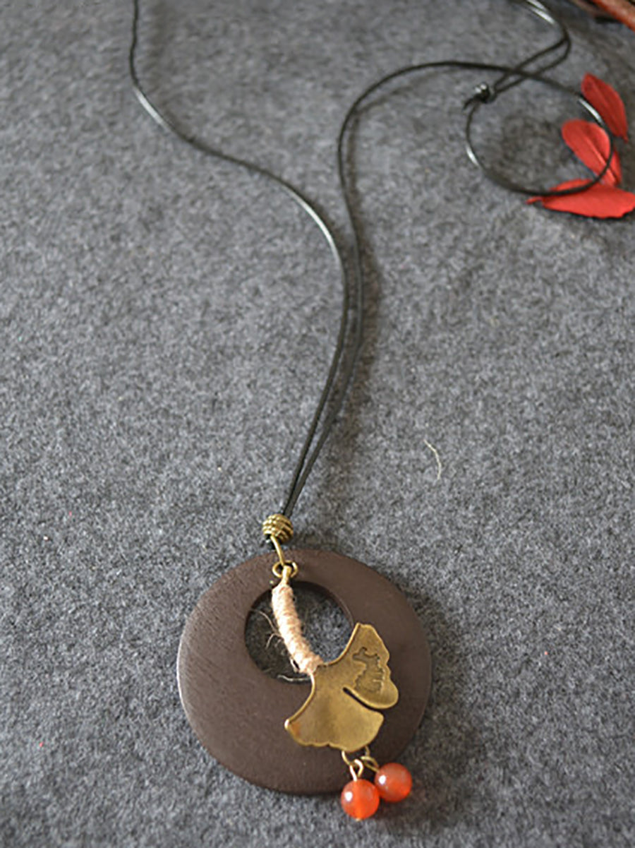 Alloy Leaf Round Wooden Sweater Necklace Kl1042