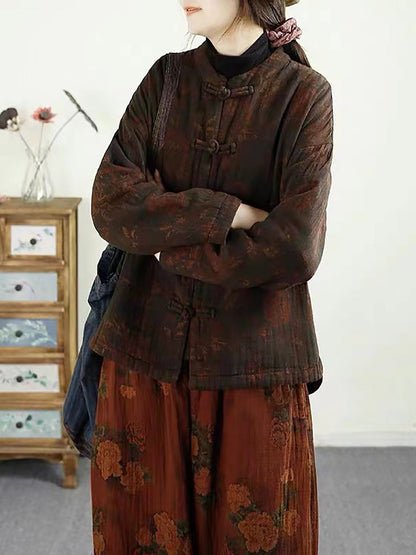 Autumn Flower Buckle Cotton Stand Collar Coat Ba1046