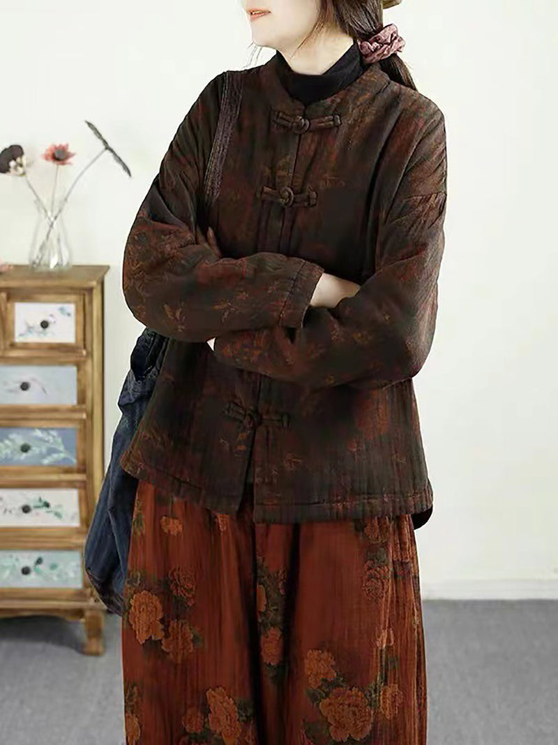 Autumn Flower Buckle Cotton Stand Collar Coat Ba1046