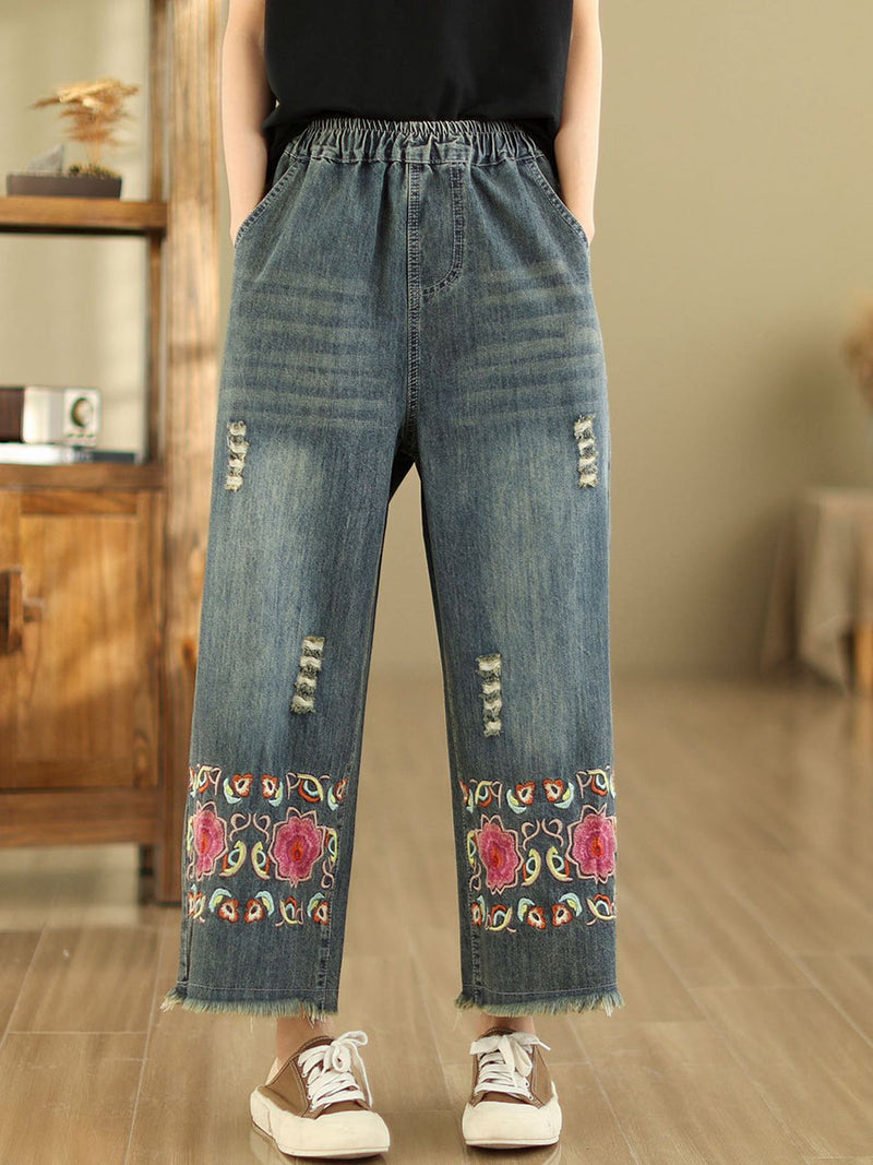Summer Retro Embroidery Frayed Straight Denim Pants As1042