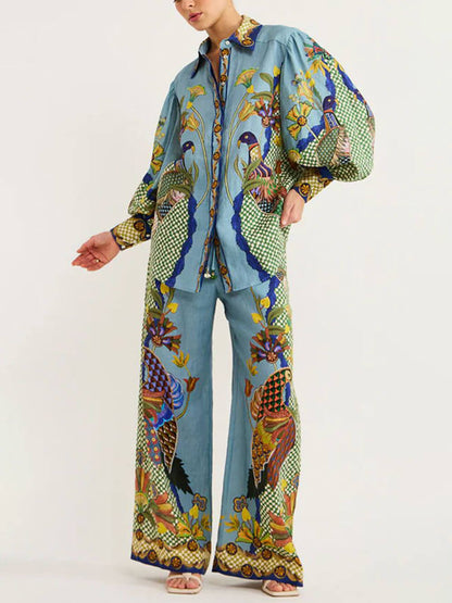 Printed Puff Sleeve Shirt Two-piece Set