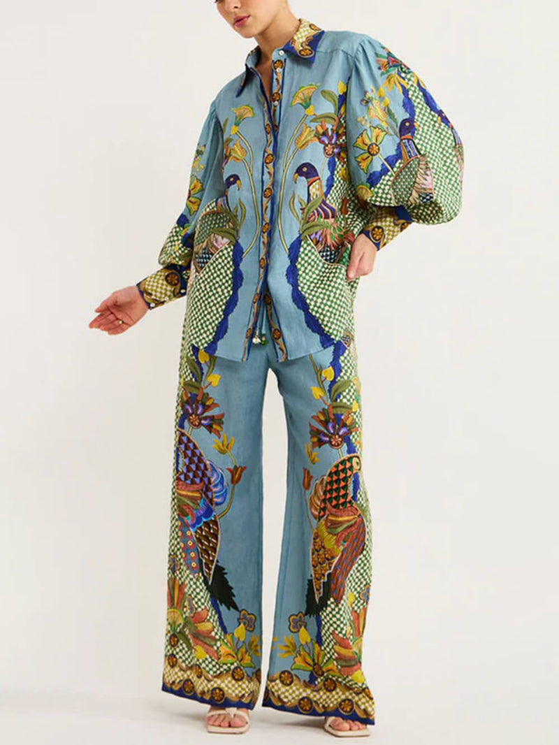 Printed Puff Sleeve Shirt Two-piece Set
