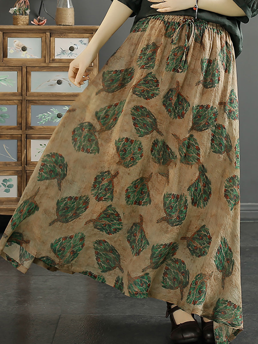 Leaf Flower Ramie Loose Skirt Sc1042