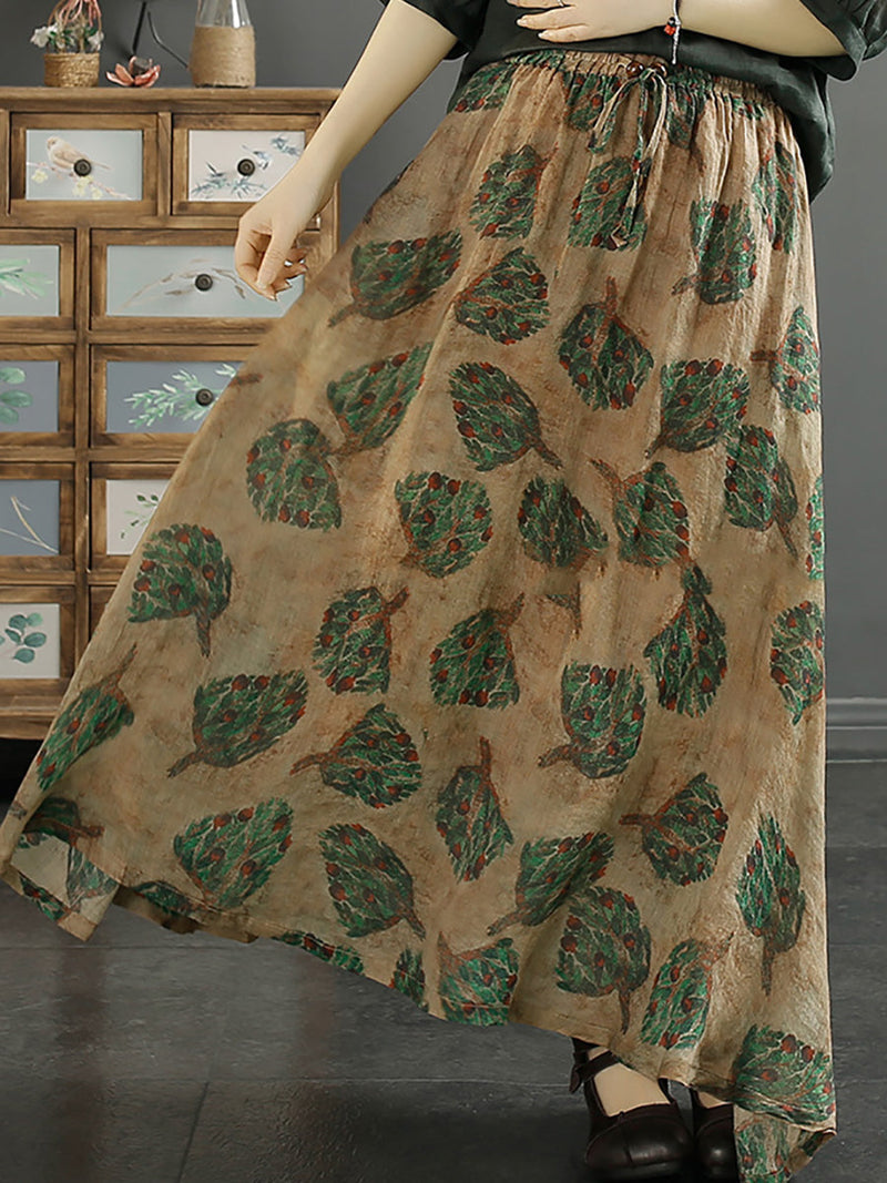 Leaf Flower Ramie Loose Skirt Sc1042