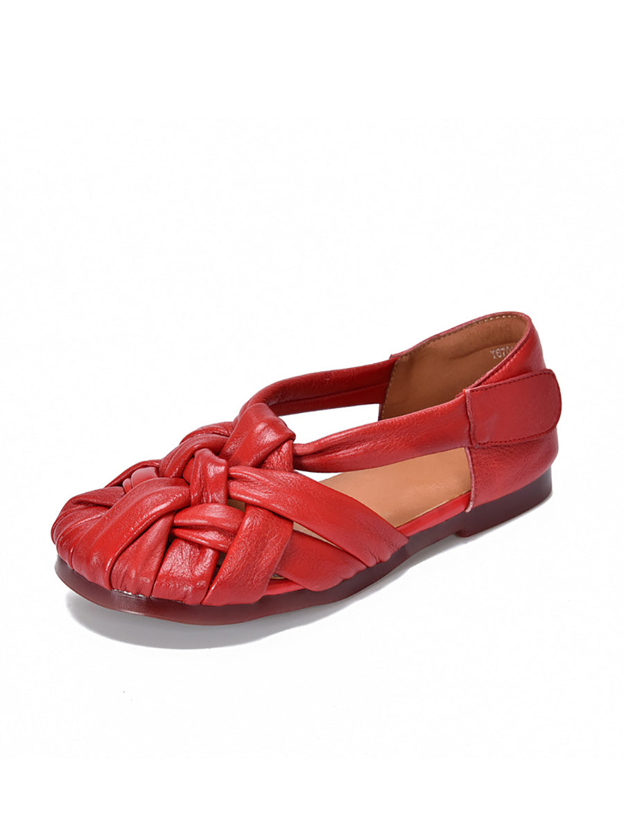 Summer Leather Flat Retro Weave Genuine Shoes