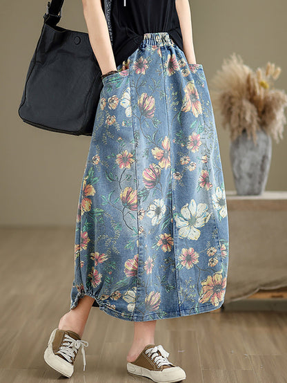 Summer Flower Spliced Denim Skirt Xx1027