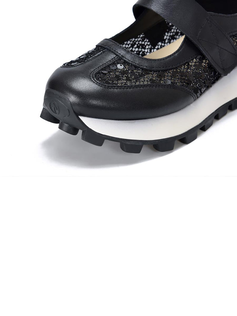 Summer Leather Spliced Mesh Sequin Platform Shoes Xx1022
