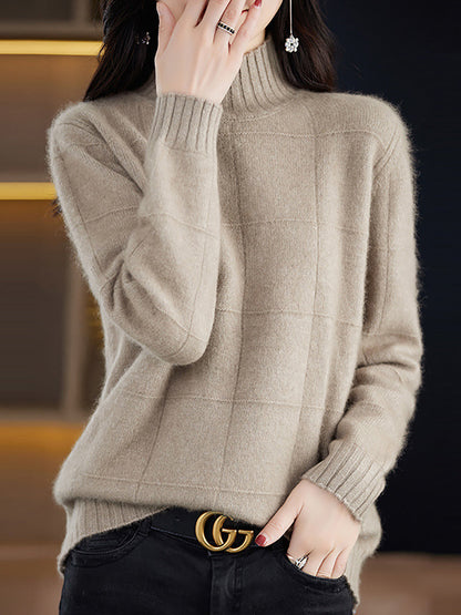 Autumn Half Turtleneck Plaid 100%wool Sweater Qu031