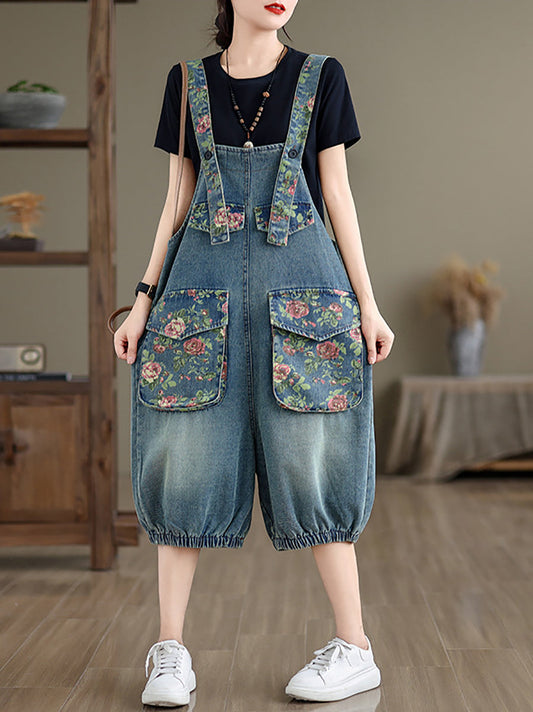 Summer Retro Flower Spliced Denim Jumpsuits Zz1021